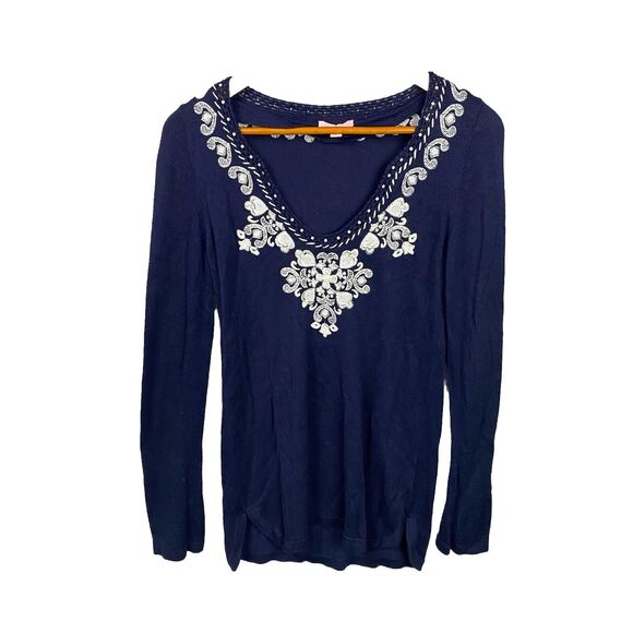 Lilly Pulitzer April Navy Blue Embroidered Tunic Sweater Top Size Medium Wool - Picture 1 of 7